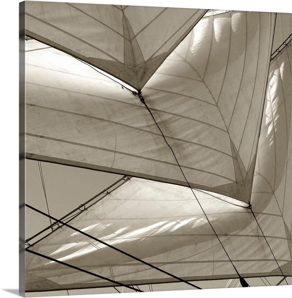 Monochromatic image of multiple sails on a sailboat.