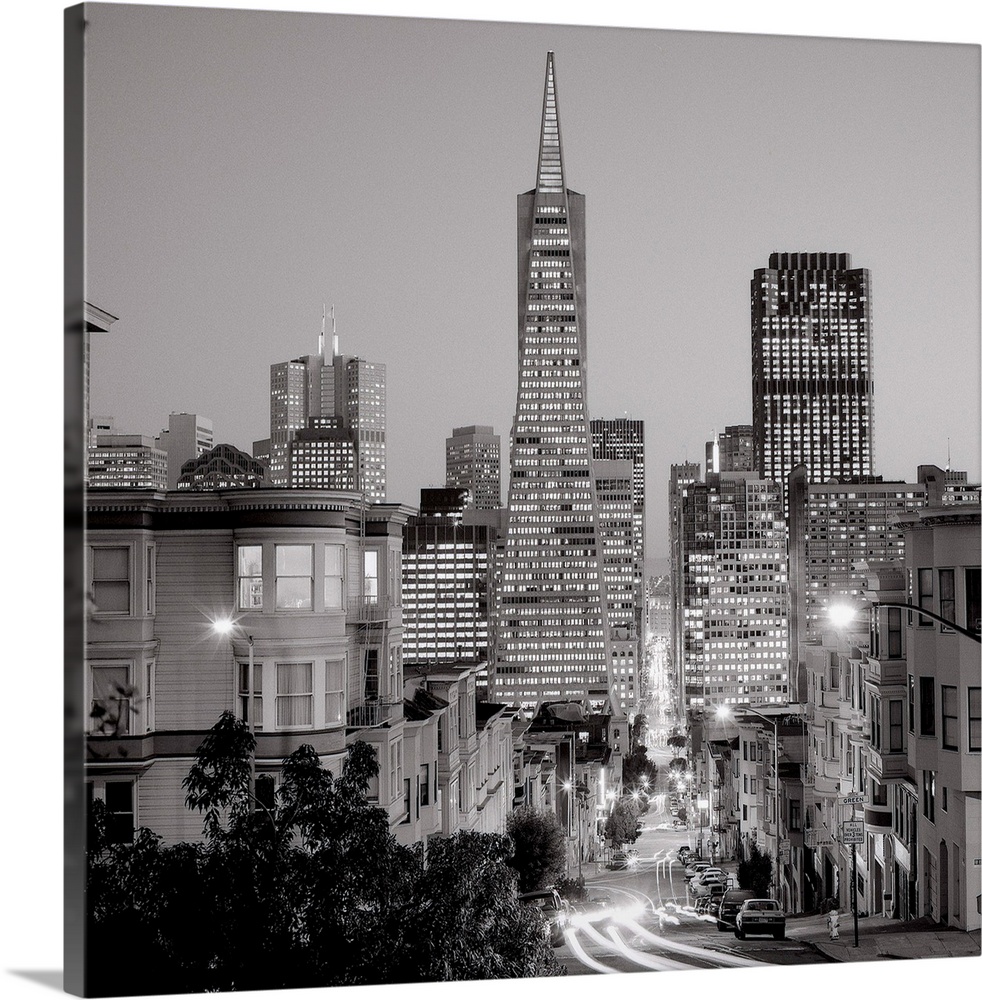A black and white photograph of the downtown area of San Francisco California.