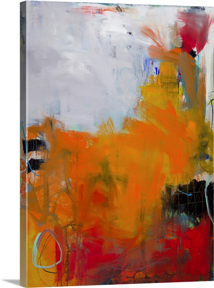 Contemporary abstract painting in brilliant orange hues on a gray background.
