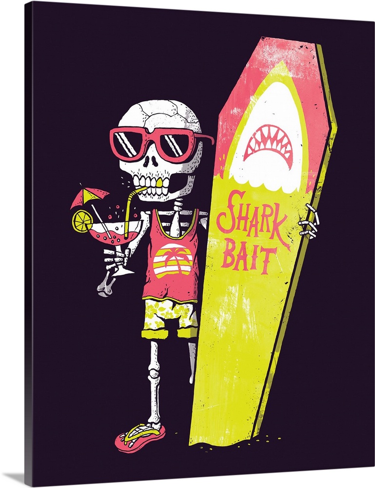 Decorative artwork featuring a humorous skeleton with a coffin shaped surf board.