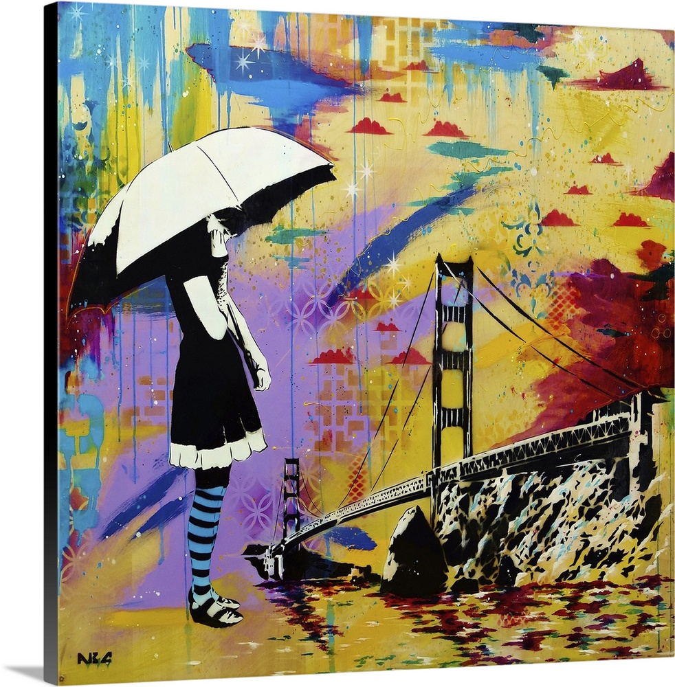 Urban painting of a woman with an umbrella overlooking the Golden Gate bridge.