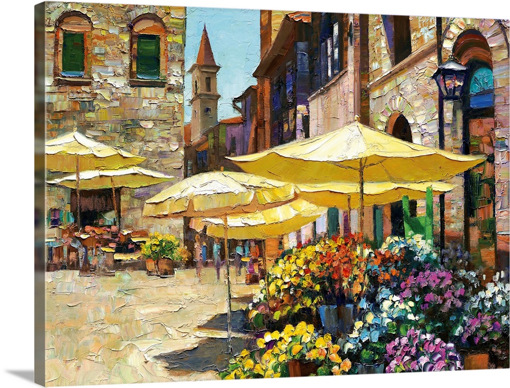 Contemporary art piece of a market in Italy that is filled with flowers and surrounded by stone buildings.