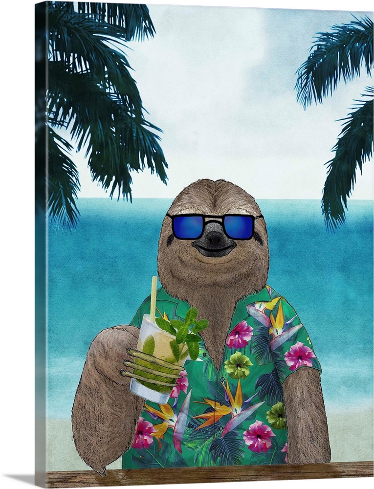 A digital illustration of a sloth on vacation at the beach, enjoying a cocktail.