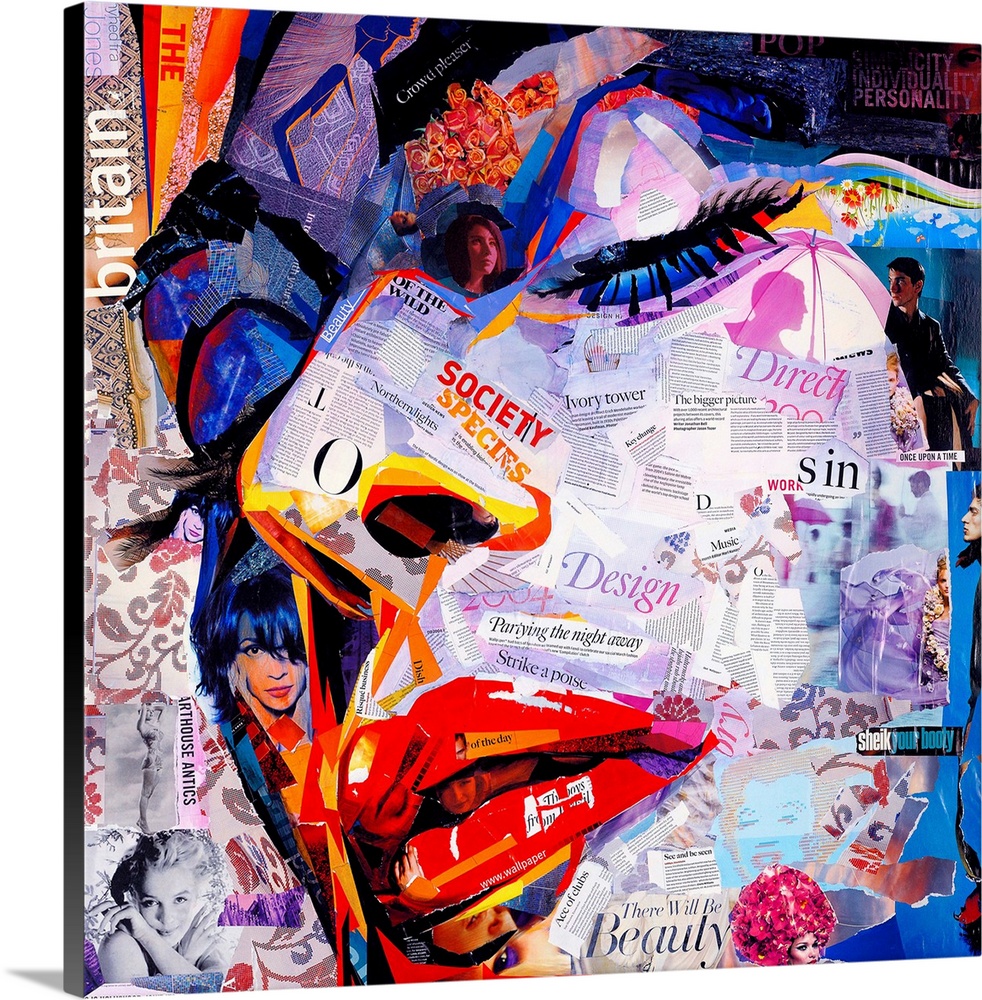Mixed media artwork of a portrait of a woman made from cut magazine and book pages.