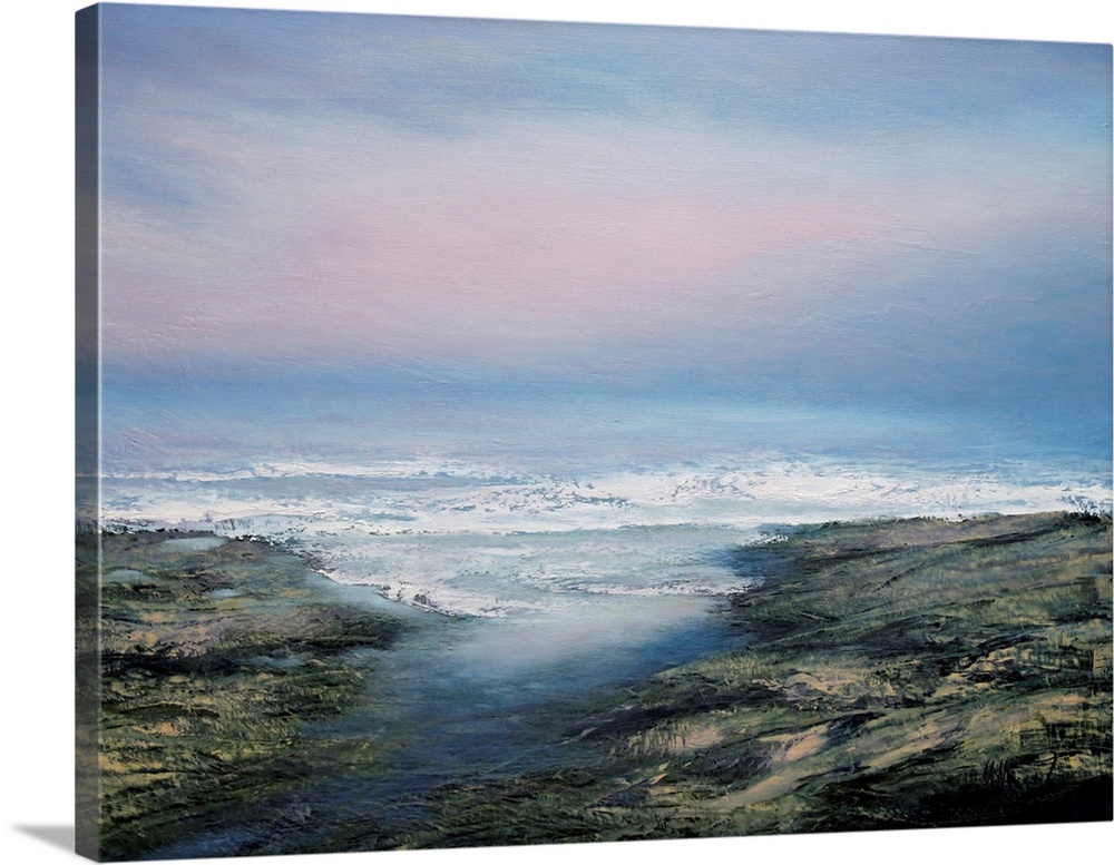 Contemporary seascape painting in front of a pale pink and blue sky.