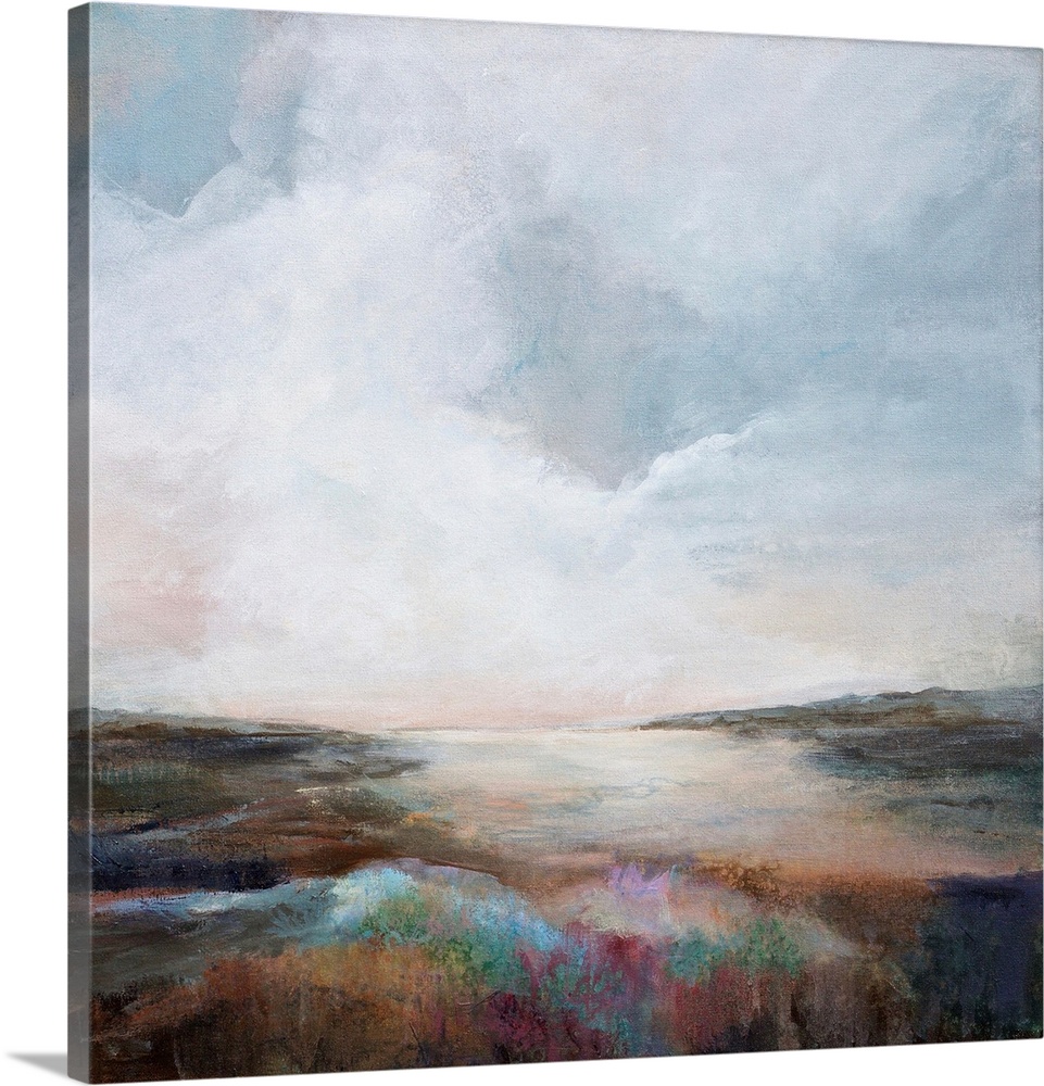 Abstract landscape painting in muted hues.