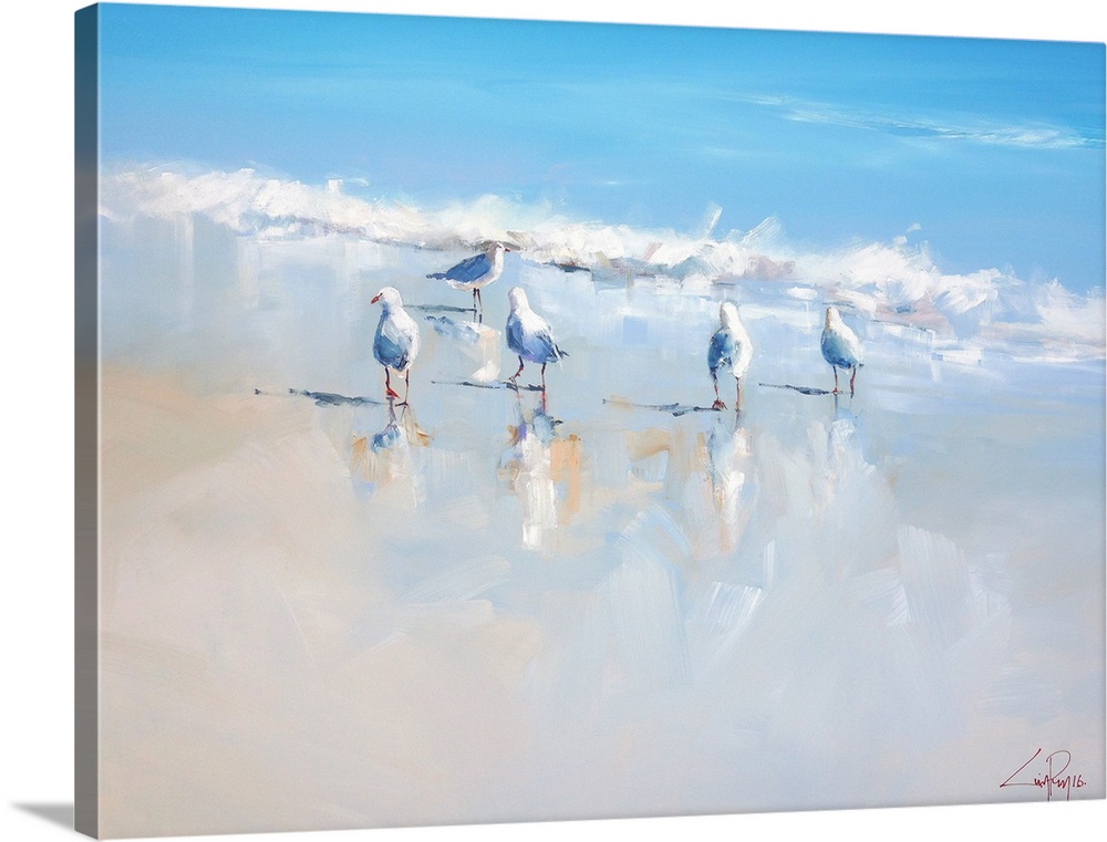 A contemporary painting of seagulls walking along the beach waves.