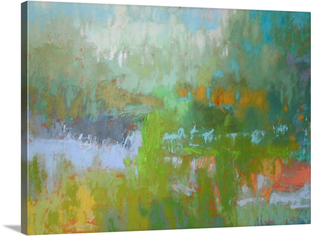 A contemporary abstract painting using vibrant colors resembling a countryside landscape.