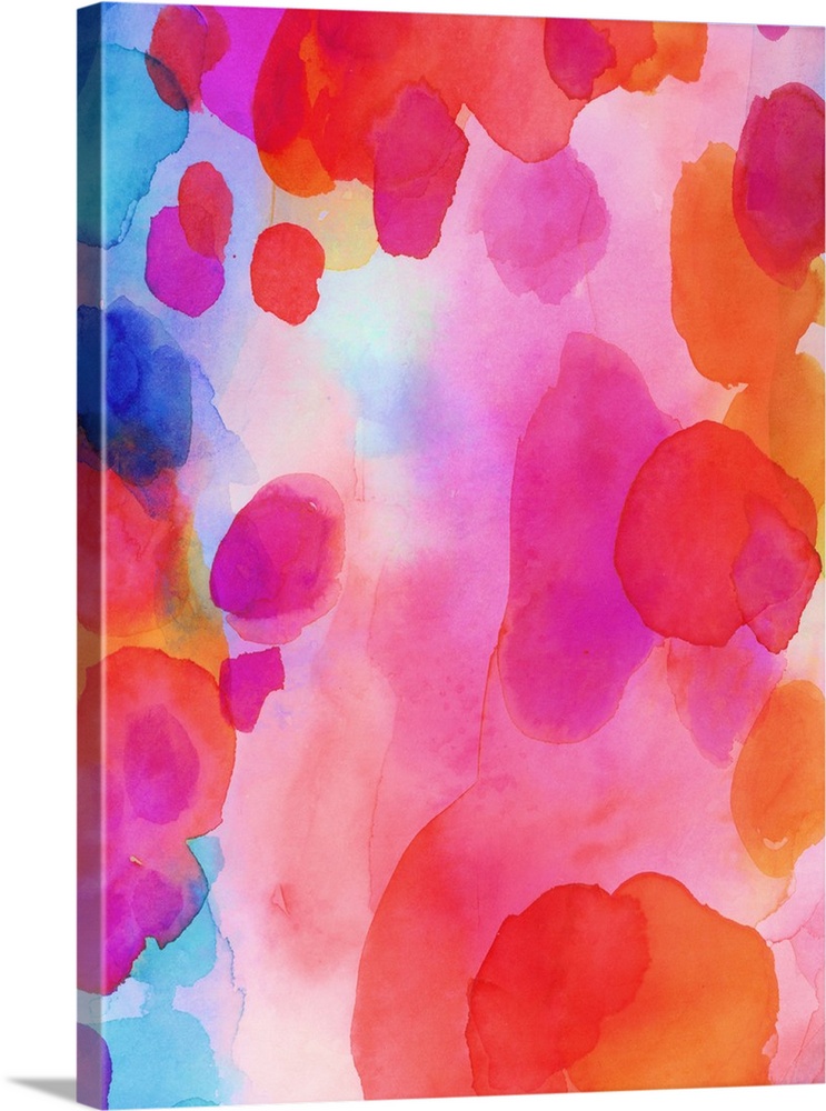 A vertical abstract watercolor painting in brilliant colors of pink, orange and blue.