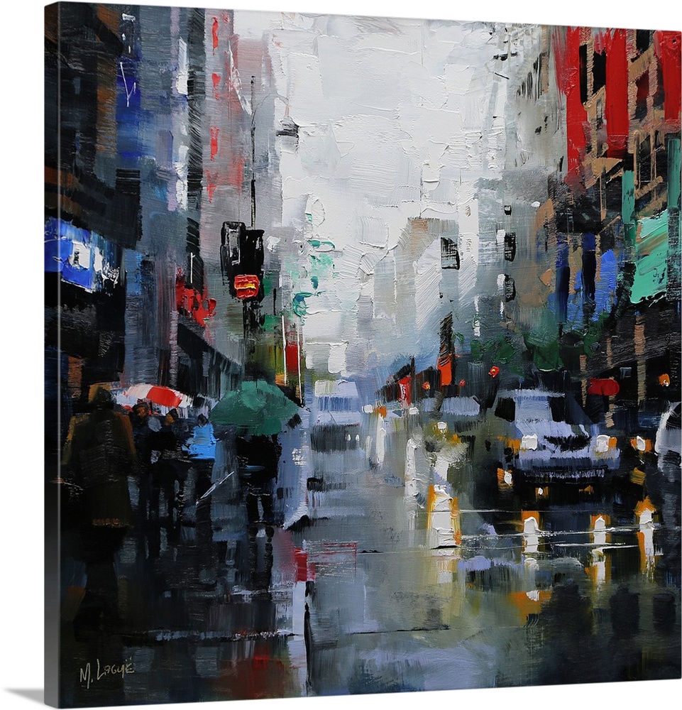 Contemporary painting of traffic in the streets on a rainy day in Montreal.