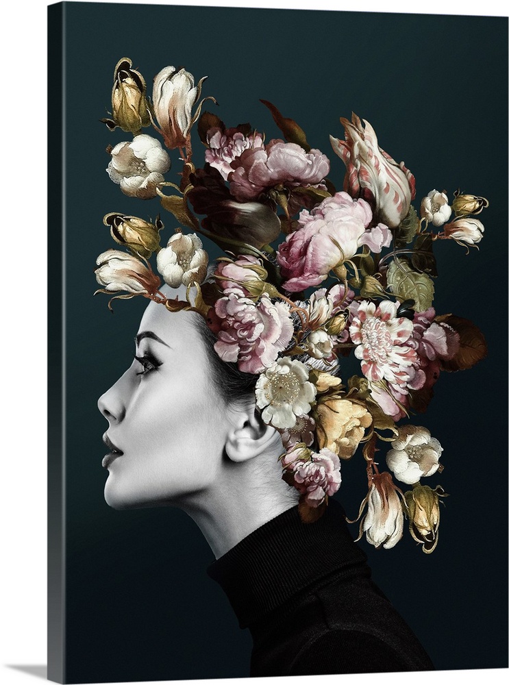 A black and white photographic portrait of a woman whose head is covered with an explosion of flower blooms. In neutral sh...