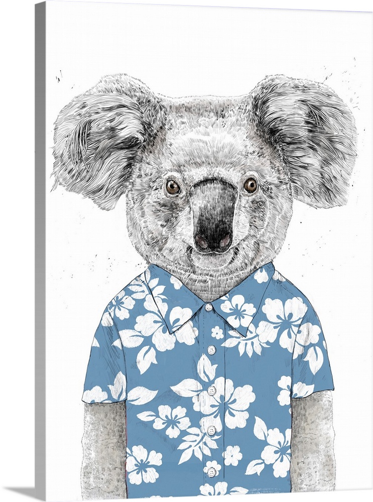 Portrait of a koala wearing a colorful, floral-patterned shirt.