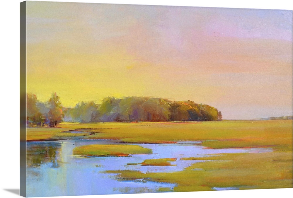 Contemporary landscape painting of a marshland in summer.