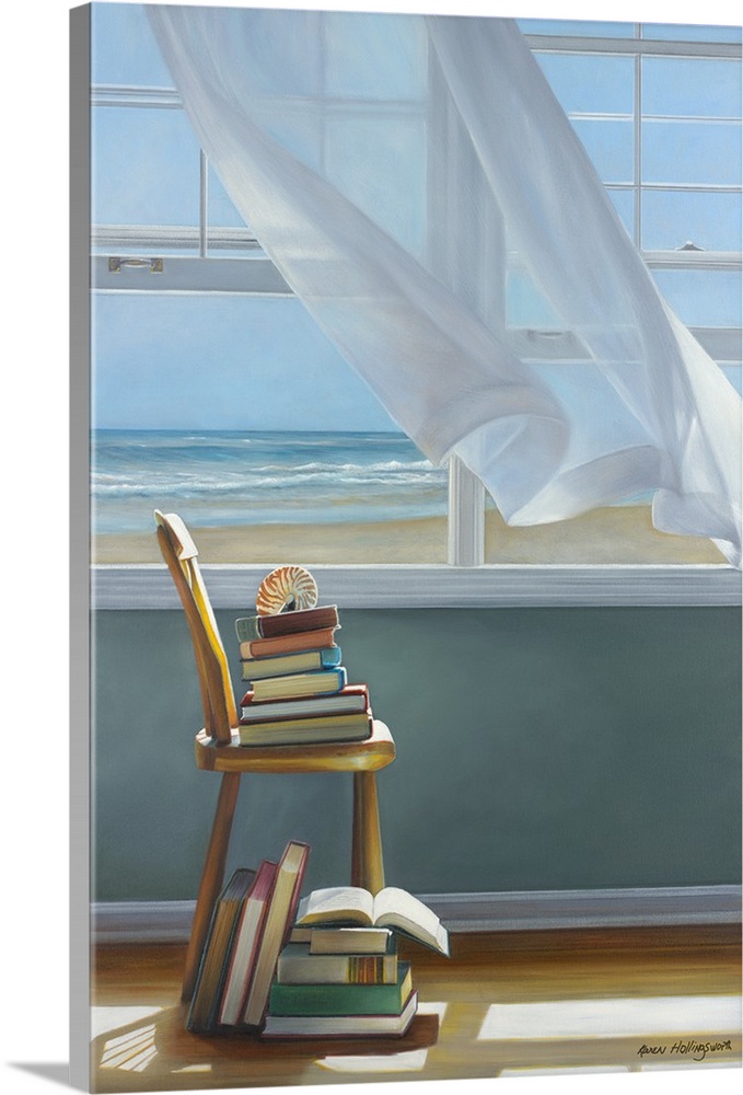 Contemporary still life painting of a stack of books on a chair next to an open window with a white curtain and the beach ...