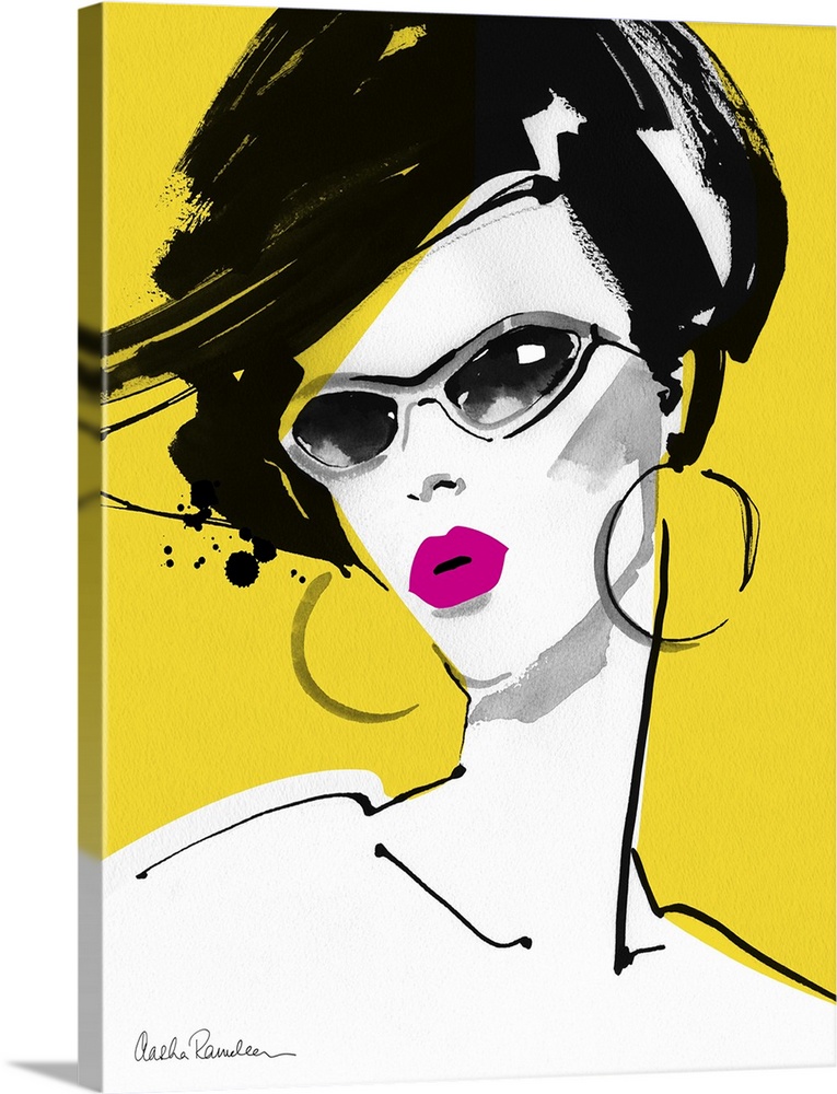 Contemporary fashion artwork of a woman wearing stylish sunglasses against a bright yellow background.
