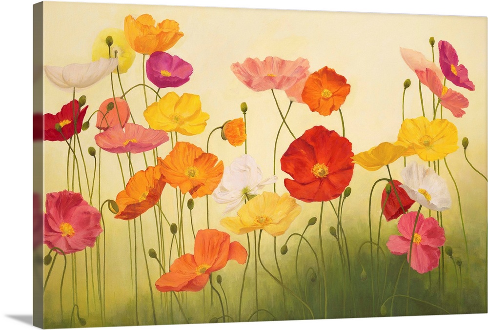 A contemporary painting of a group multi-colored poppy flowers in green grass.