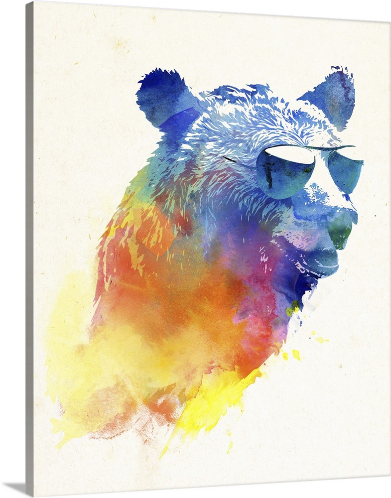 Contemporary artwork of a bear in multiple colors wearing sunglasses.