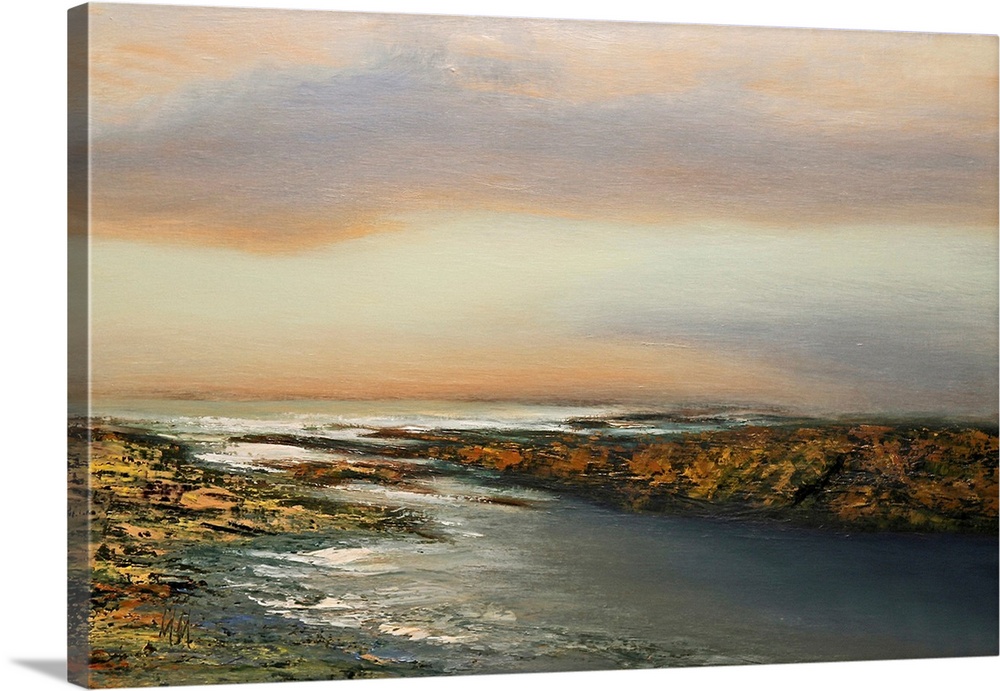 Contemporary seascape painting in front of a pastel sunset.