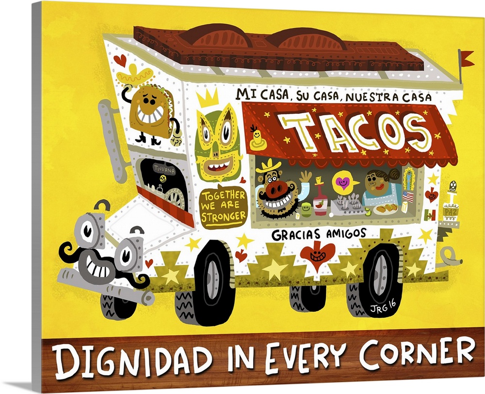 Latin art of a taco truck delivering delicious Mexican food.