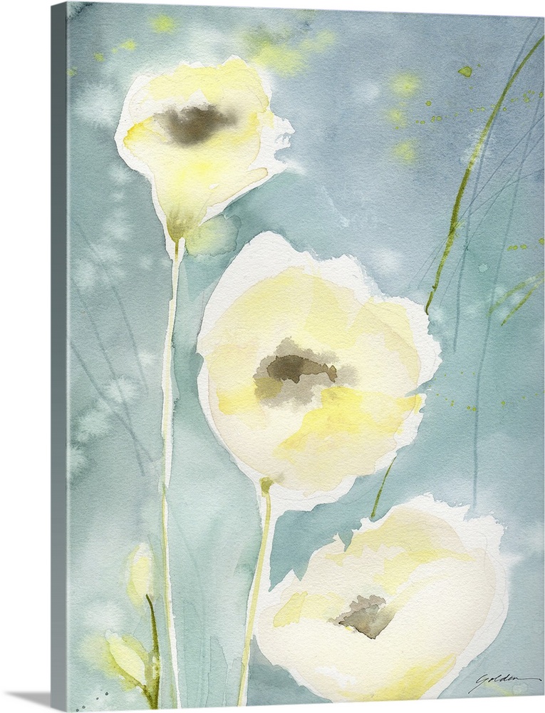 A vertical watercolor painting of delicate yellow flowers against a teal backdrop.