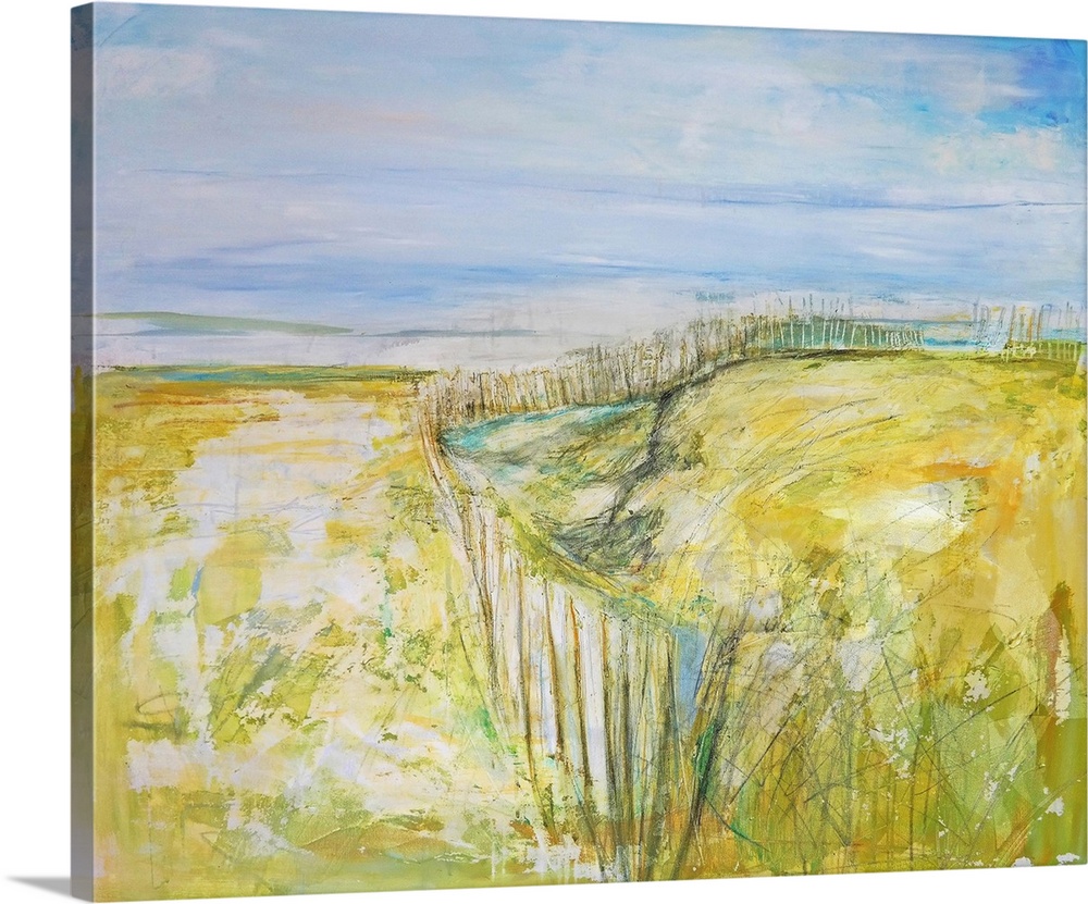 Abstract beachscape with beachgrass painted in bright citron yellow.