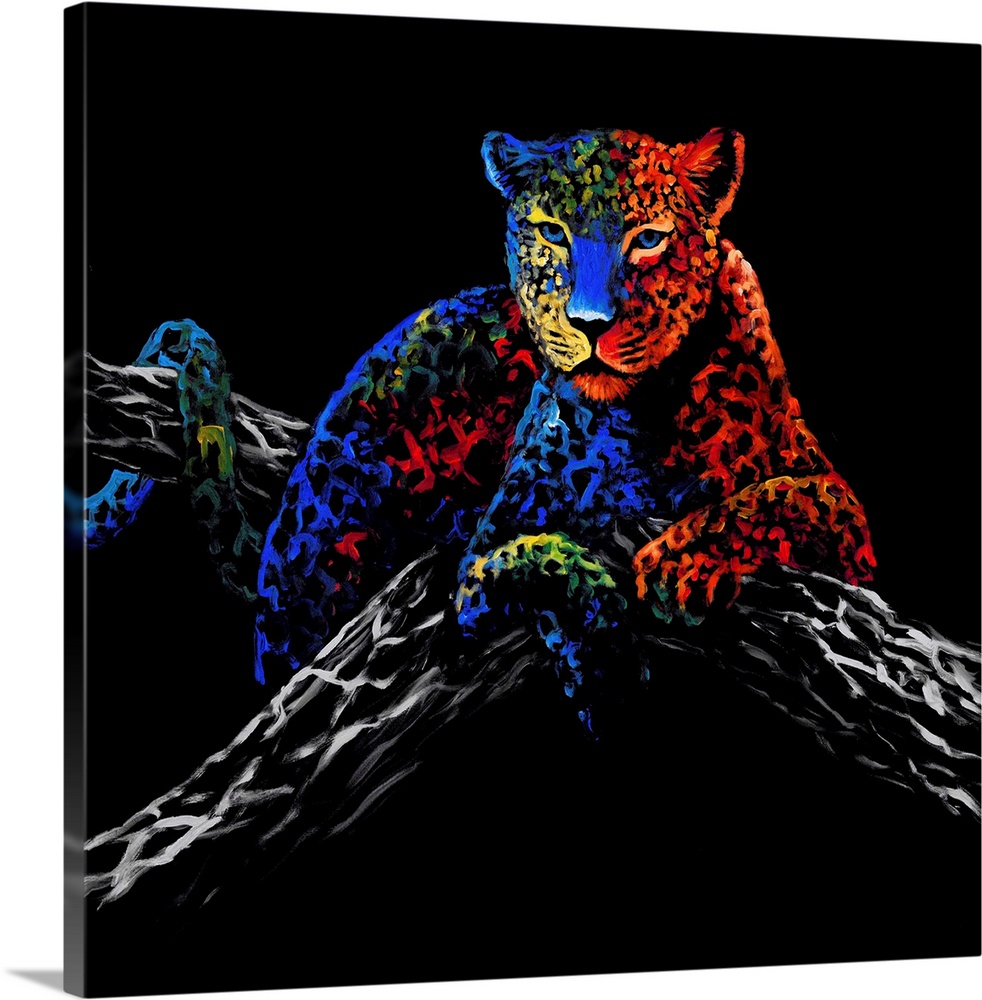 A painting of a cheetah laying on a tree branch in vibrant warm colors of red, yellow and blue.