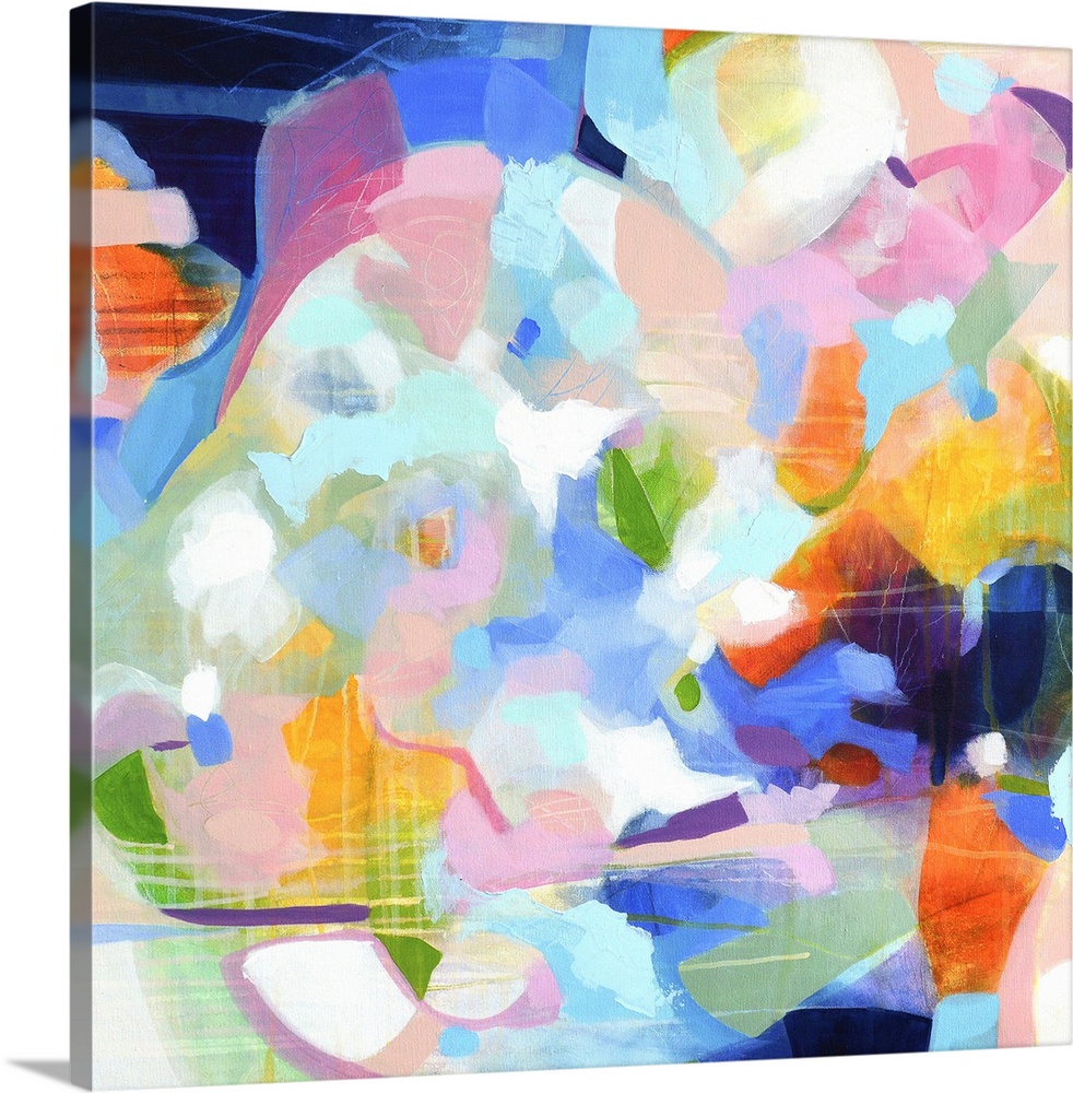 Contemporary abstract artwork in vibrant blue, orange, and pink.