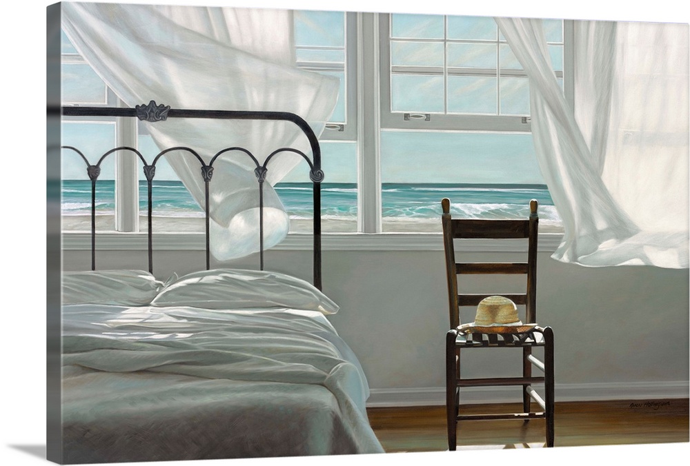 Contemporary still life painting of a bed and a chair next to an open window with a white curtain and the beach outside.