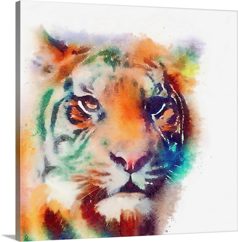 A watercolor painting of a tiger in vivid multi-colors.