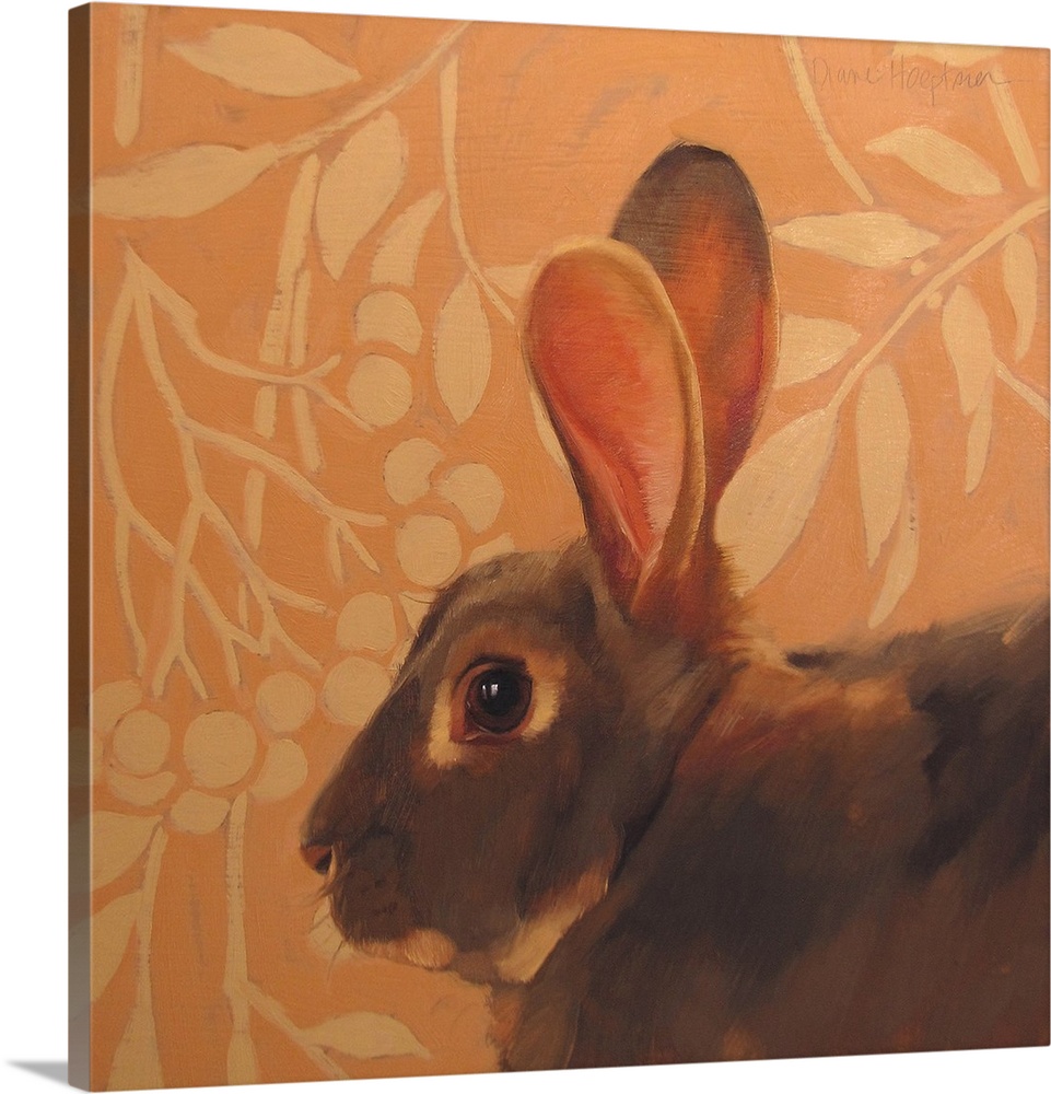 Contemporary painting of a brown rabbit with long ears in front of an orange wall.