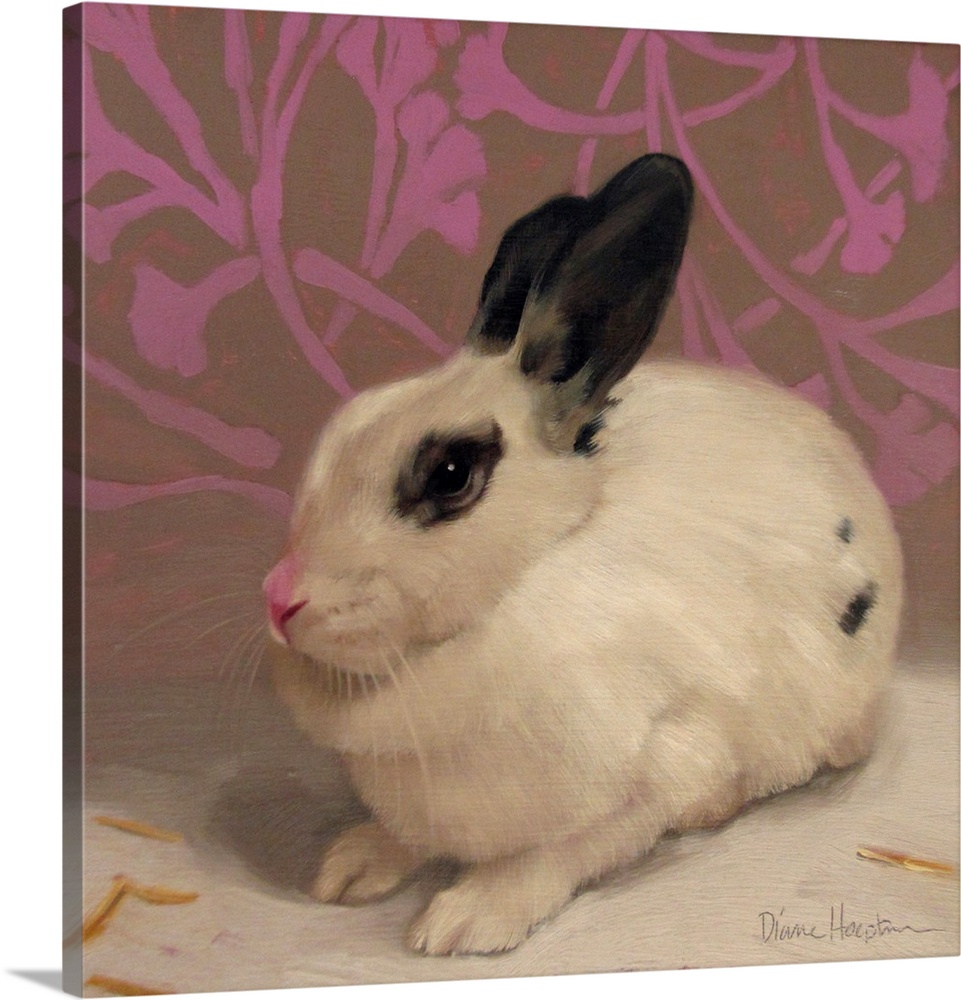 Contemporary painting of a white rabbit with black ears resting in front of a purple floral wall.