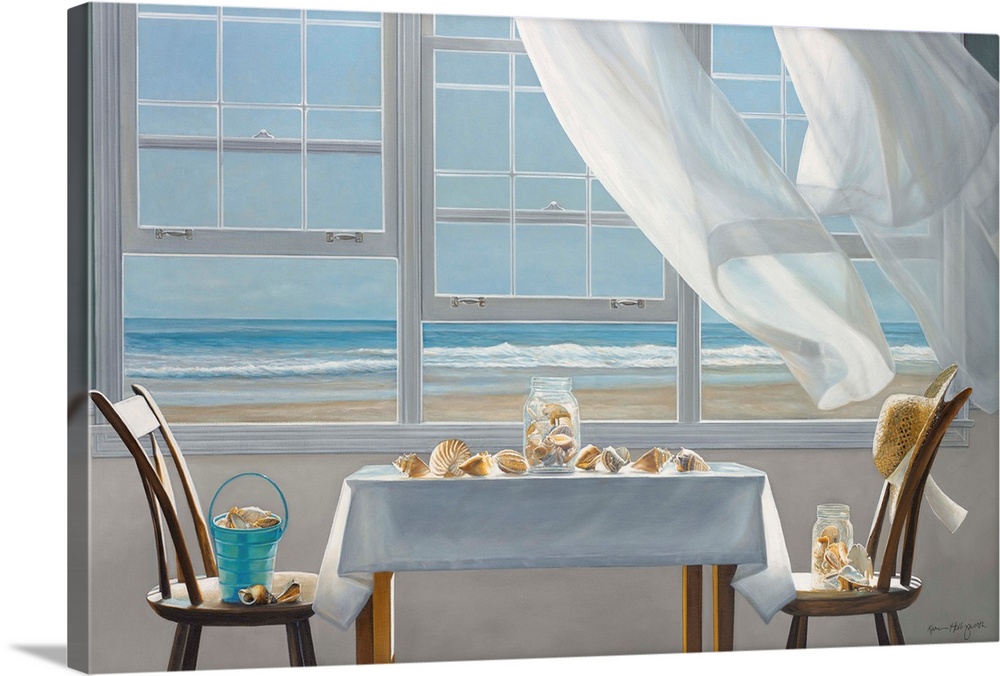 Contemporary still life painting of two chairs and a table with several shells next to an open window with a white curtain...