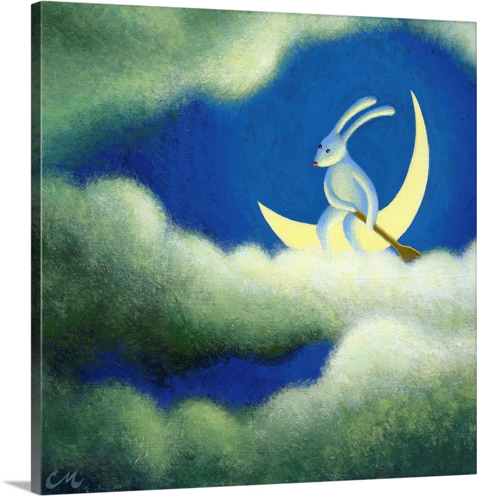 Surrealistic painting of a rabbit sitting on the moon amongst the clouds.
