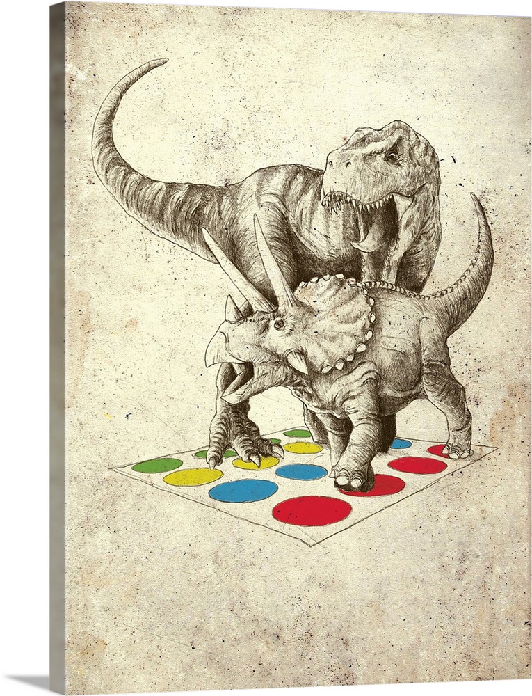 A digital illustration of dinosaurs playing the game Twister.