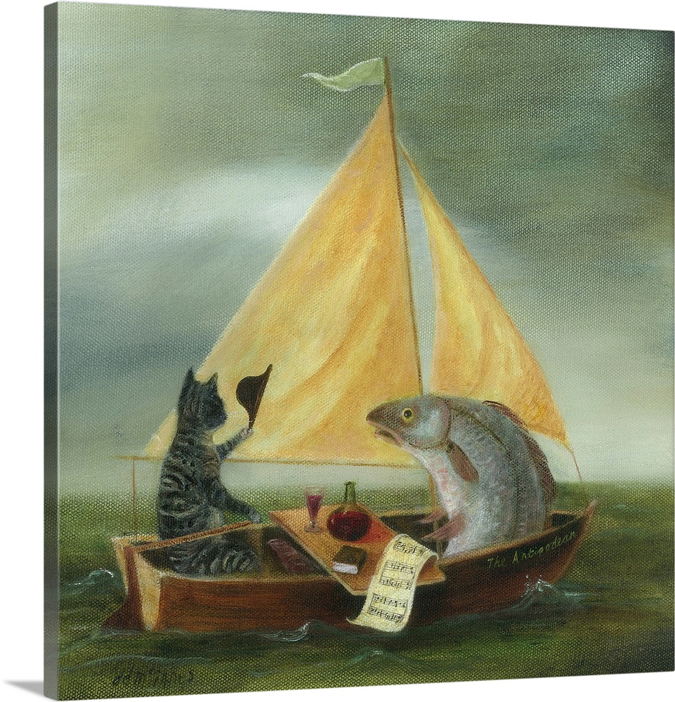 Whimsical artwork featuring a cat and fish sailing on the sea.
