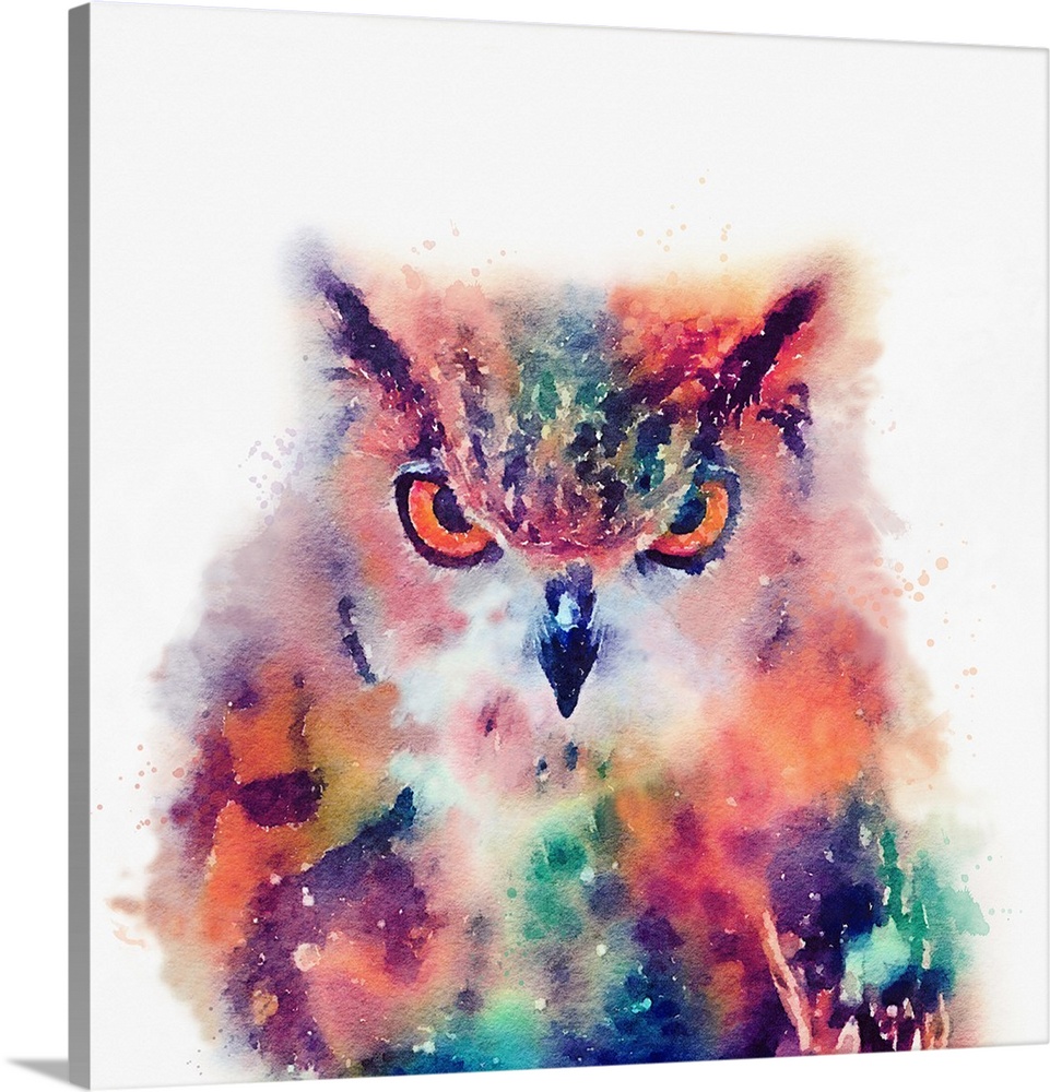 A watercolor painting of an owl in vivid multi-colors.