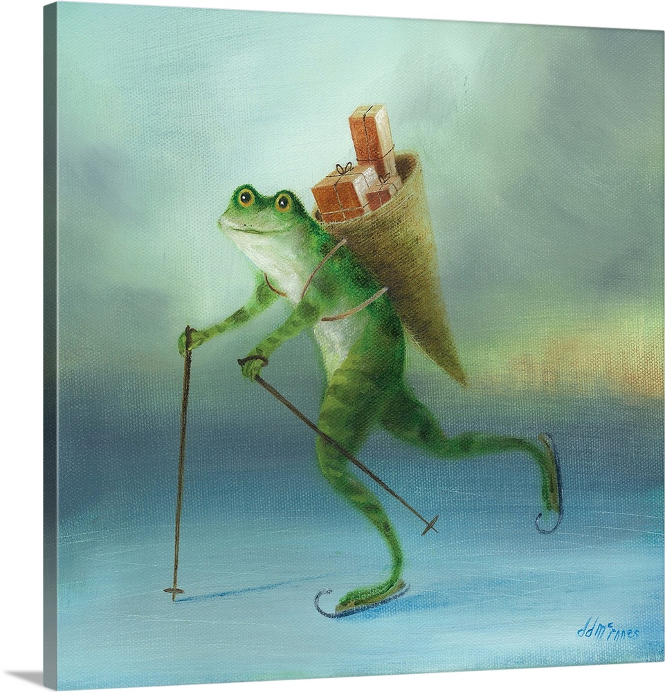 Whimsical artwork featuring a frog ice skating.