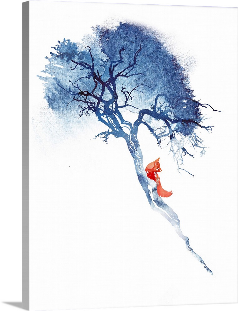 Contemporary artwork that features a lone red fox climbing a blue tree.