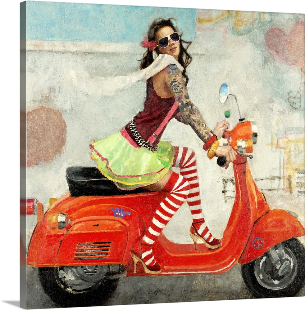 Contemporary artwork of a woman wearing mismatched clothing riding a bright red scooter.