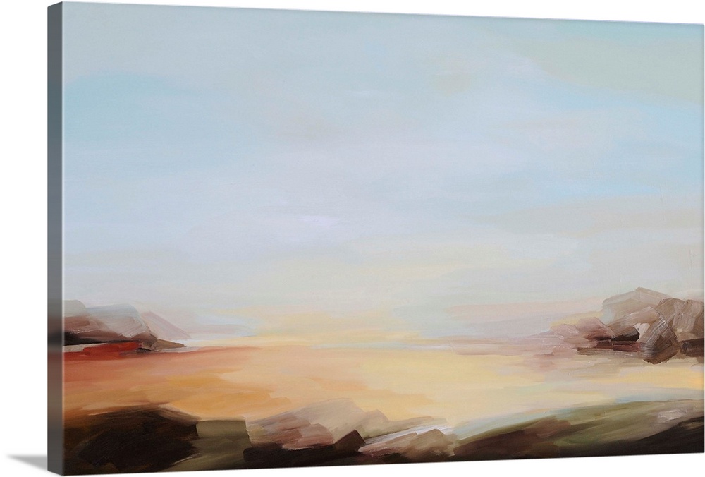 A contemporary abstract painting of a landscape under a blue sky.