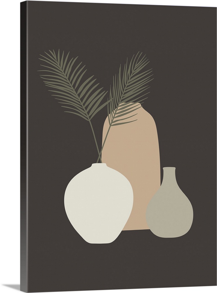 Vases and tropical leaves in neutral colors.