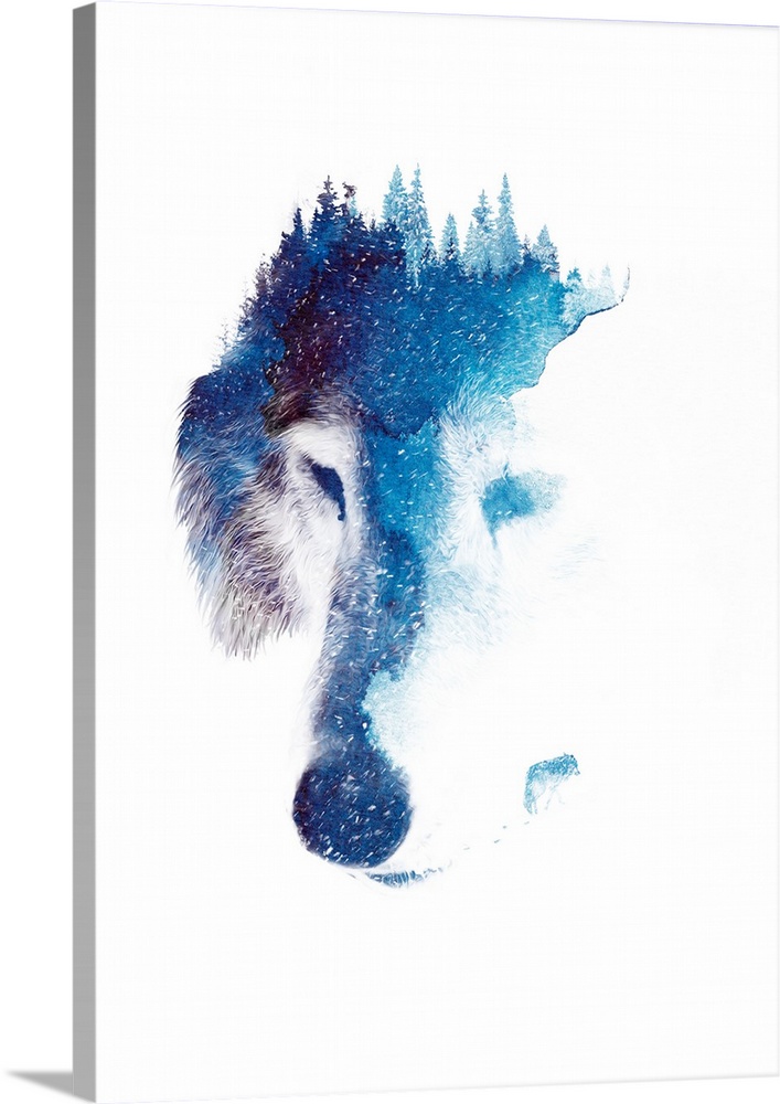 Double exposure artwork featuring the head of a wolf with a forest exposed on top.