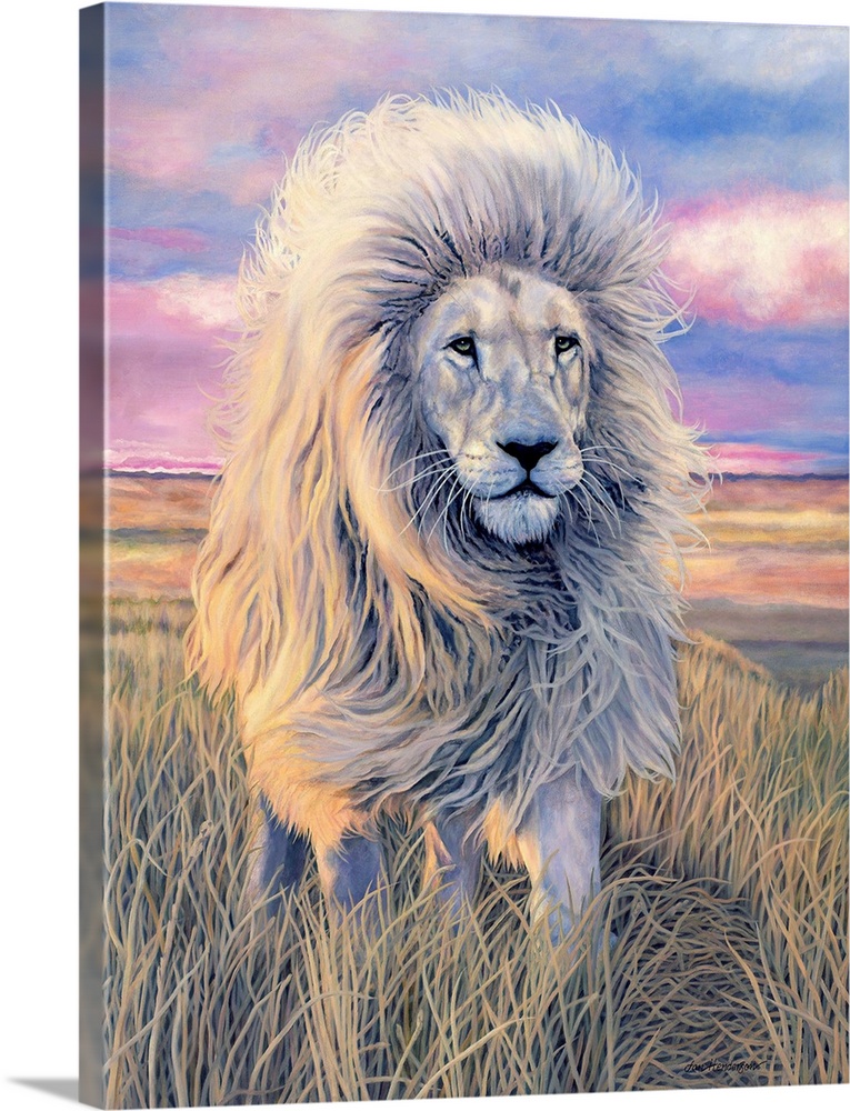 A painting in pastel colors of a majestic lion in a field.