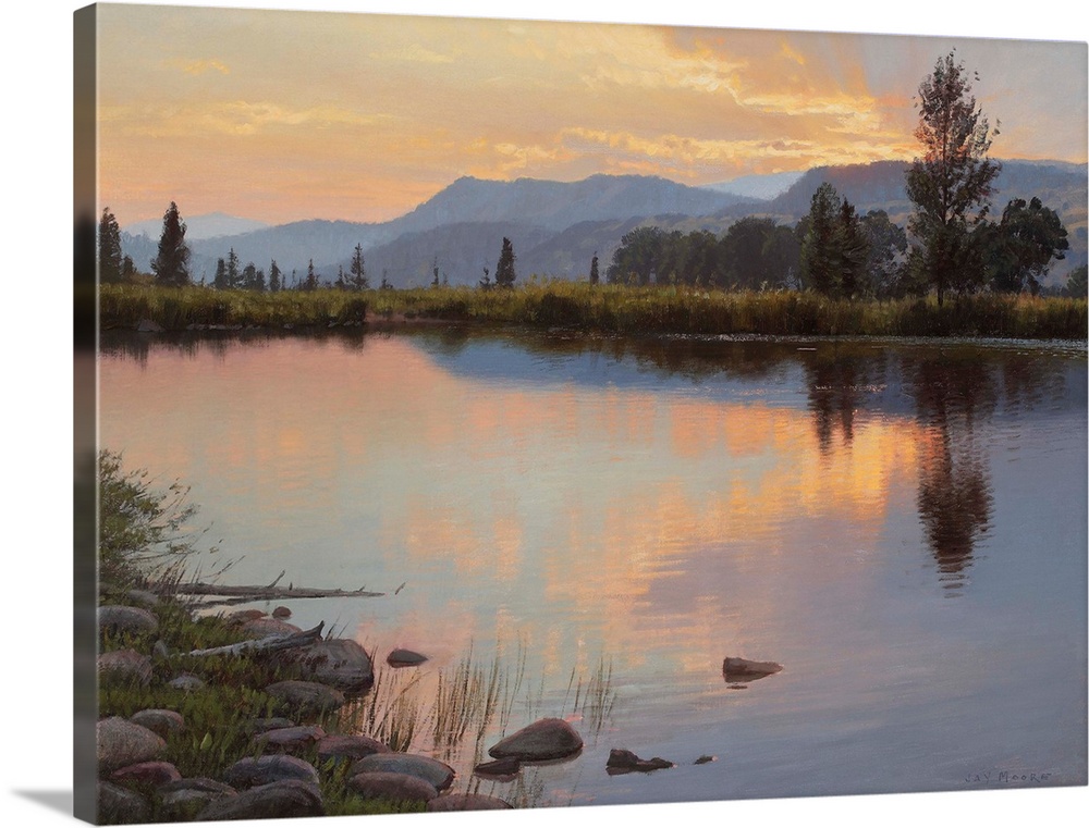 A contemporary landscape painting of a lake at sunset reflecting the surrounding trees
