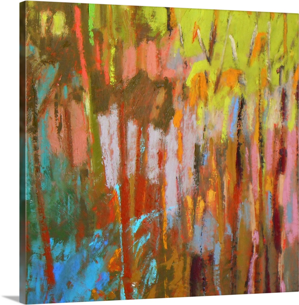 A contemporary abstract painting using vibrant colors resembling a dense forest.