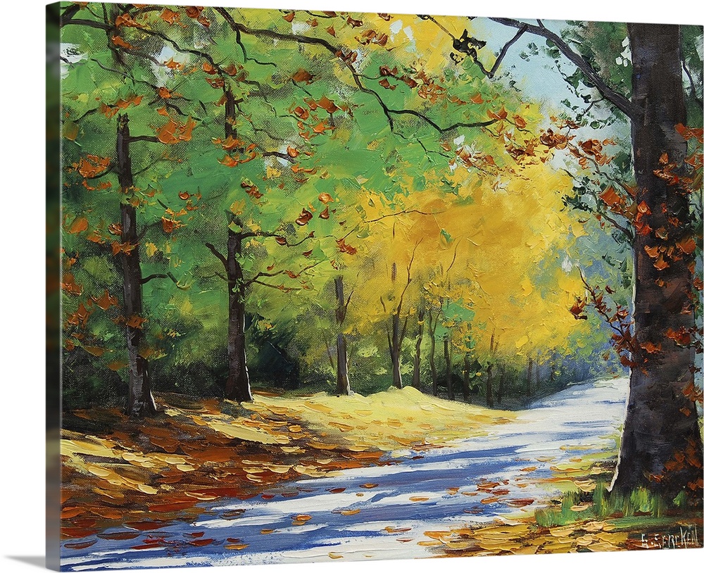 Contemporary painting of an idyllic countryside road cutting through autumn foliage.
