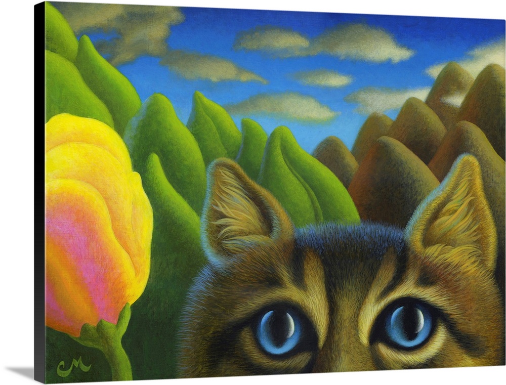 Surrealistic painting of a cat with an abstracted landscape in the background.