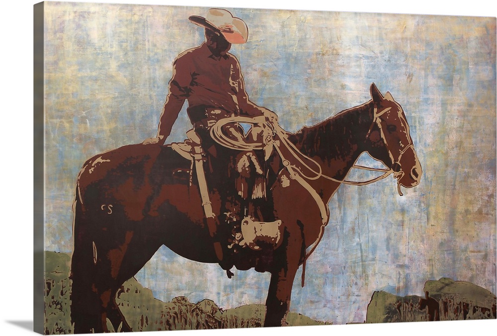 Contemporary artwork of a cowboy on a horse.