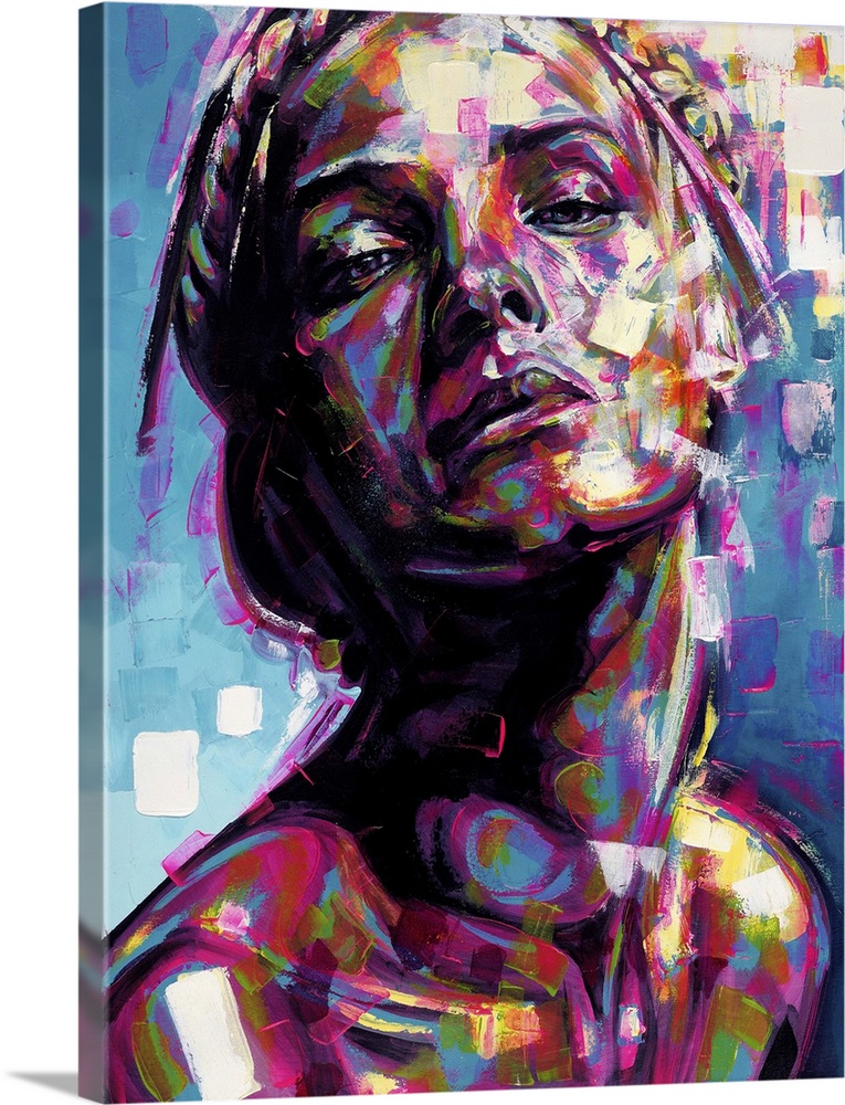 Vertical abstract portrait of a woman in vibrant colors.