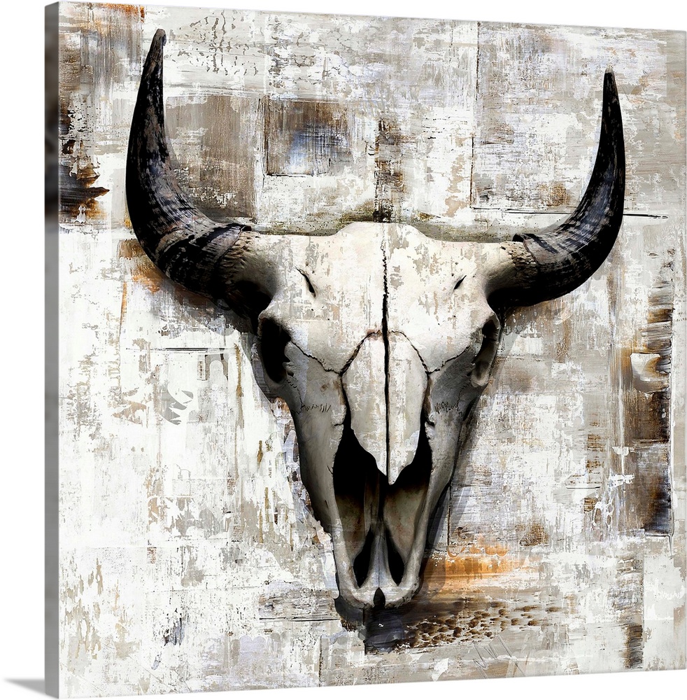 A digital illustration of a cow skull in neutral tones with a rustic textured effect.